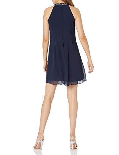 S.l. Fashions Women's Solid Chiffon Split Front Halter Dress (Petite And Regular), Navy, 16 #TOP1