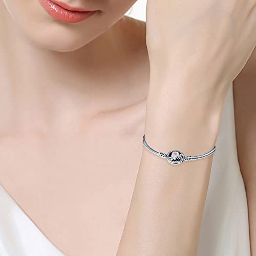 Image of 925 Sterling Silver Snake Chain Bracelets Fit Pandora Charms,Heart Clasp Bracelets Perfect For Any Glamour Gift for Women with 5 A Cubic Zirconia