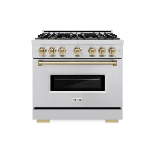 ZLINE Autograph Edition 36 in. 5.2 cu. ft. Classic Dual Fuel Range with 6 Burner Gas Cooktop and Electric Convection Oven in Stainless Steel with Champagne Bronze Accents (CDRZ-36-CB)