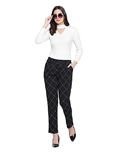 Image of Oxolloxo Women Regular Fit Polyester Pencil Check Casual Black Pant