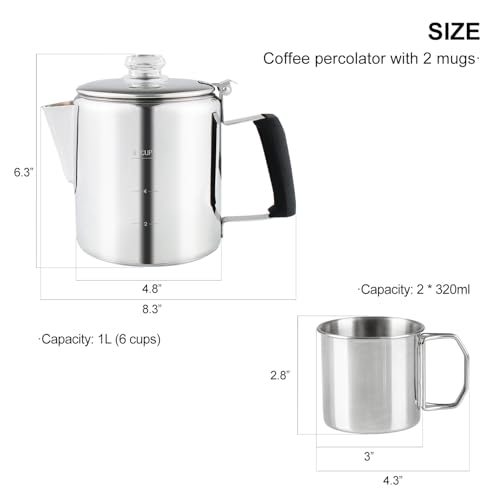 APOXCON Mehrzweck-Perkolator-Kaffeekanne mit 2 Tassen, Kaffeemaschine aus Edelstahl mit hitzebeständigem Knopf aus Borosilikatglas und flammhemmendem Silikatgriff, für alle Herd geeignet, 6 Tassen
