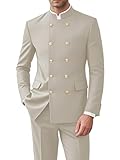 CYANDUSTY Men's Chinese Tunic Suits Mandarin Collar Formal Jacket Slim Fit Gold Button Blazer Traditional Uniform Groom Wedding Prom Suit L