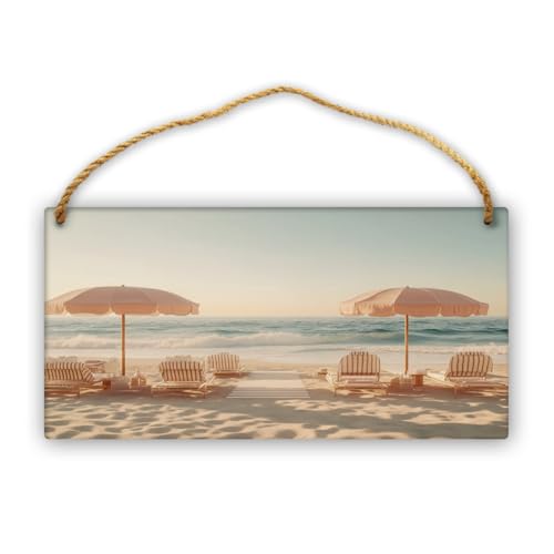 CDSASHCA Whimsical Beach Lounge Chair Arrangement Sign, Pinks Umbrellas, Striped Seats, Turquoise Waves & Relaxation Vibe Wood Art,12x6 Inch Farmhouse Plaque, Living Room Decor Signs