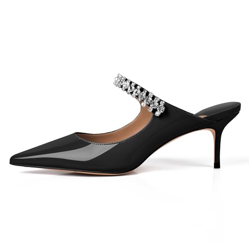 Image of XINIUNIU Heeled Mules for Women Rhinestone Heels Pointed Toe Slip On 2.5 Inch Kitten Stiletto Closed Toe Sandals Dress Wedding Pump Shoes