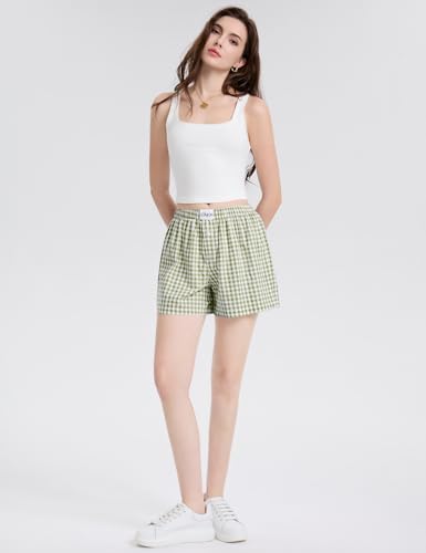 Image of LOMON Boxer Shorts for Women Summer Gingham Pajamas 2026 Lounge Sleep Pj Plaid Shorts Y2K Beach Bottoms with Pockets
