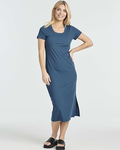 Image of Real Essentials 3 Pack: Women's Ribbed Jersey Crew Neck Short Sleeve Midi Length Dress with Side Slit