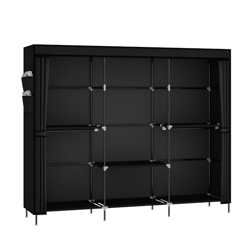 83" Portable Wardrobe Closet for Bedroom, Freestanding Clothes Rack Organizer with Dust Cover, 5 Hanging Rods & 6 Storage Shelves, Black - Image 4