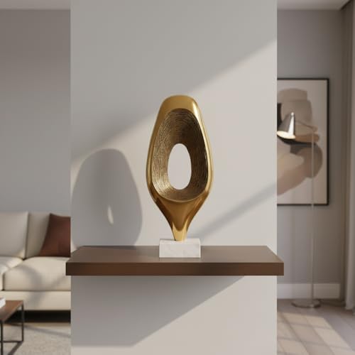 Escultura moderna ovalada dorada con base de mármol blanco miniatura 6
