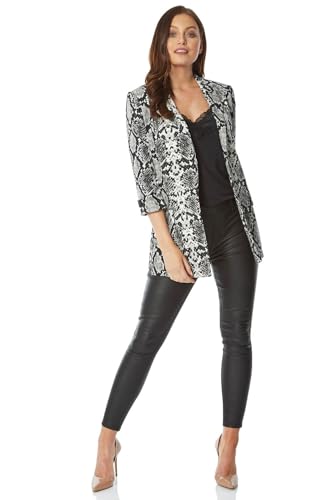 Roman Originals - Chaqueta de manga 3/4 para mujer, elegante, informal, para uso diario, holgado, largo de borde a borde con cuello abierto de piel de serpiente con bolsillos Gris gris 38