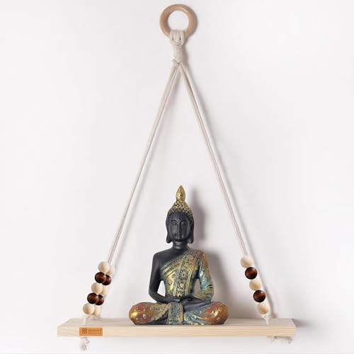 Image of Boho Wooden Hanging Shelf with Beads & Macrame Rope, Adhesive Wall Hook| Rustic Swing Wall Art for Plants, Living Room, Bedroom | Pine Wood, Handcrafted