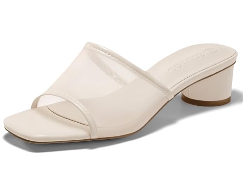 Coutgo Womens Slide Sandals Mesh Chunky Heels Mules Square Open Toe Slip On Summer Dress Shoes,Nude,size 7.5