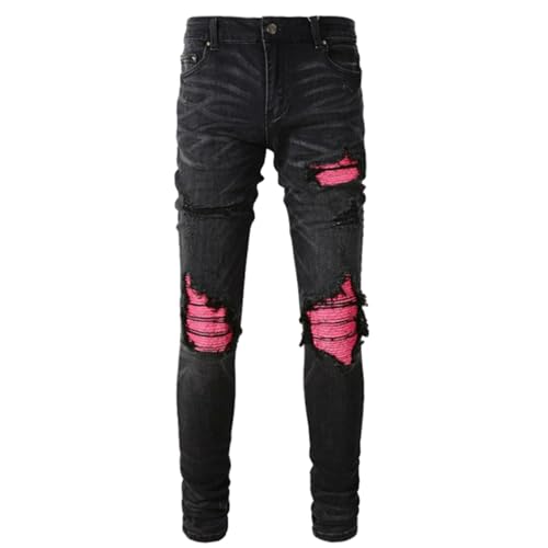 Jeans Pants Trousers Denim Trendy Street Black Perforated Elastic Worn Hole Slim Fit with Zircon Sequins Personalized Tight Casual Straight Small Leg Men(Black,33)