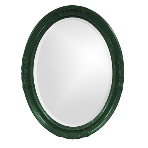 Image of Howard Elliott Collection Queen Ann Oval Glossy Hunter Green Wall Mirror, Oval Bevelled Hanging Wood Framed Vanity Mirrors for Home Decor, Living Room, Bathroom, Bedroom, or Hallway, 25 x 33 Inch