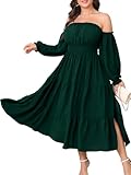 CICIDUDU Plus Size Wedding Guest Dress Off the Shoulder Long Sleeve Smocked Slit Cocktail Party Maxi Dress for Curvy Women Emerald Green