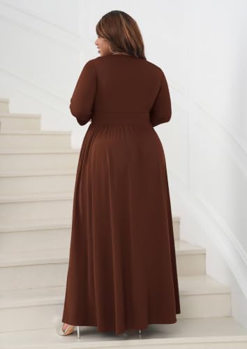 Image of Runwind Plus Size Maxi Dress 3 /4 Sleeve V-Neck Pleated Faux Buttons Pockets