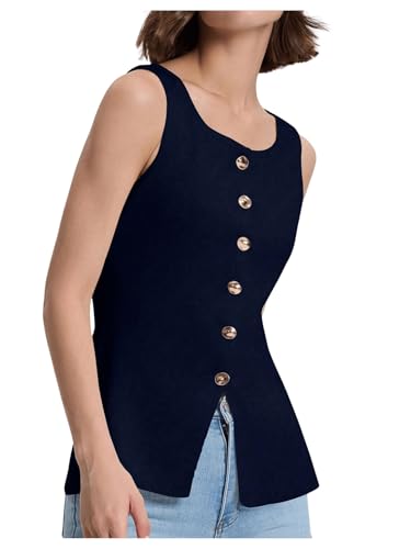 Verdusa Women's Button Front Blazer Rib Knitted Vest Scoop Neck Slit Sleeveless Top