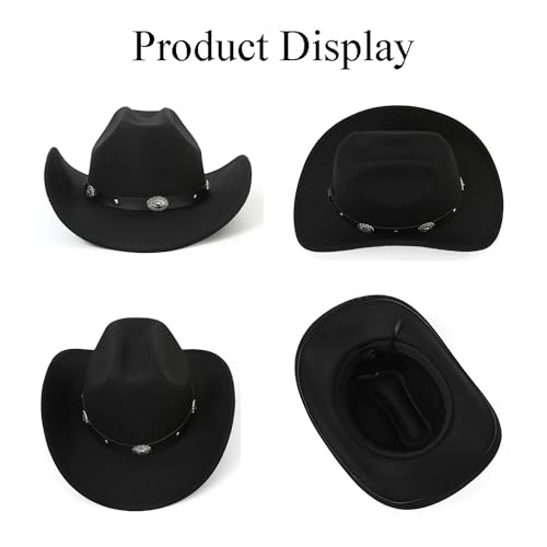 Image of Classic-Western-Cowboy-Hat Upturn-Brim Felt-Cowgirl-Hat Rodeo-Hats with Belt for Women Men (Fit for 22.4-23.2 inch)