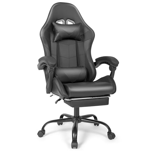 Image of Gaming Chair, Ergonomic Computer Chair with Footrest and Lumbar Support, Height Adjustable Office Chair with 360 Swivel Seat and Headrest (Black)