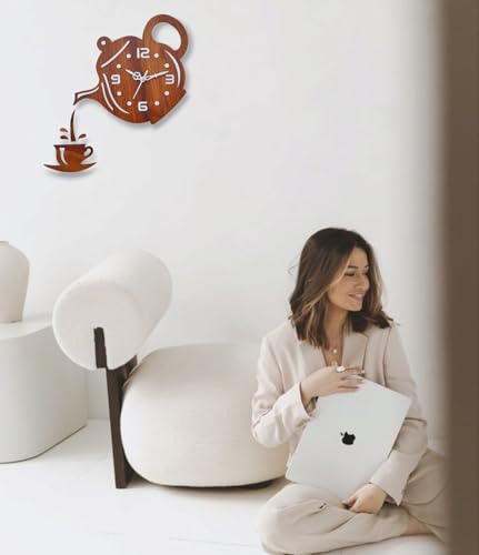Image of Designer Wooden Wall Clock | Unique Teapot Shape Wall Clock for Home, Kitchen, Living Room & Office | Decorative Modern Acrylic Wall Clock (Wooden)