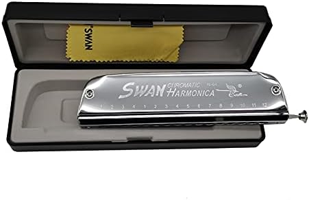 SWAN 16 Holes Sliver Chromatic Harmonica SWBoat Shape Standard Chromatic Harmonica 1664 in C Key For Adults Beginner Professional Players with Annex (16 Holes 64 Tone)