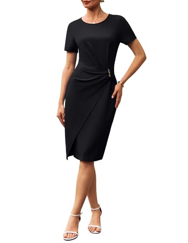 GRACE KARIN Women's Bodycon Office Dress, Short Sleeve Round Neck with Slit, Formal Pencil Dress Black XL