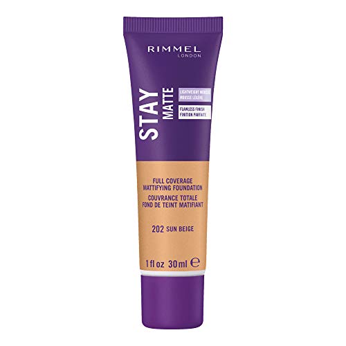 Rimmel London Stay Matte Liquid Mousse - 202 Sun Beige - Foundation, Lightweight, Shine Control, Oil-Free, 1oz