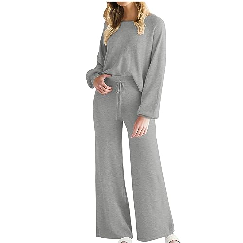 Firzero Women Loungewear Set Long Sleeve Knit Lounge Sets 2 Piece Cozy Long Sleeve Pullover Sweater Top and Wide Leg Pants Set Pajamas Outfits Gray