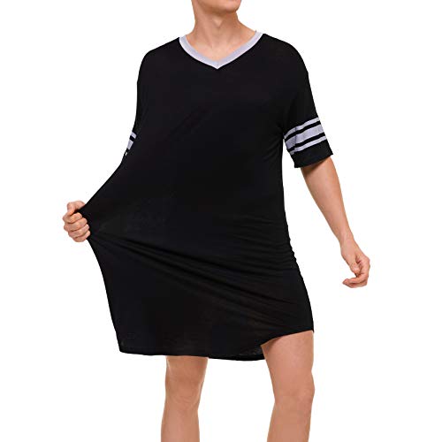 Lu's Chic Men's V Neck Nightgown Short Sleeve Nightshirt Soft Sleepshirt Striped Pajama Top Sleep Shirt Night Summer Gown Sleepwear Knee Length Black X-Large #TOP10