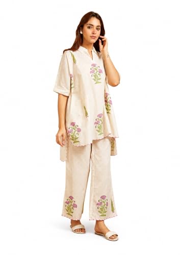 Image of LookMark Women's Off White Viscose Rayon Printed Kurta Set | Kurti with Pants | Ethnic Traditional Outfit