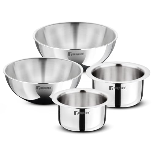 Bergner TriPro Tri-Ply Stainless Steel 4 Pcs Cookware Combo Set of 14cm (1.3L) 16cm (1.9L) Topes and 20cm (2L) 22cm (2.5L) Tasras Less Oil Use Healthy