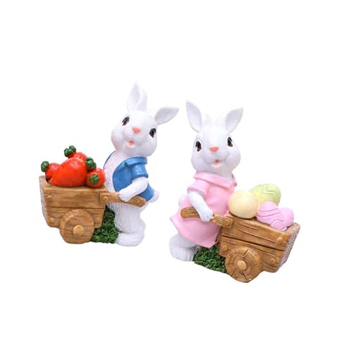 DLUKENY 2Pieces Cartoon Lapins Figurines Résines Garden Décrits Les Fasers Bunnies avec Ornements Charrette pour Balcons Pots Fleurs