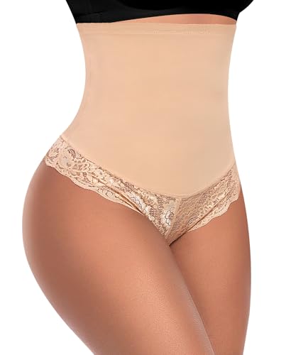 Image of Werena Tummy Control Thong Shapewear for Women Mid High Waisted Body Shaper Underwear Lace Shaping Thong Girdle Panties