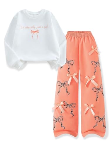 FJLSJSW Girls Clothes 2 Piece Outfit Long Sleeve Top + Bow Cargo Pants Girls Fall and Winter Outfits Sizes 9-10 Years Orange