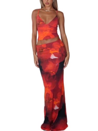 ksotutm Maxi Skirt Set Floral Print Halter Top Maxi Skirt Sexy Going Out Outfits for Women Orange