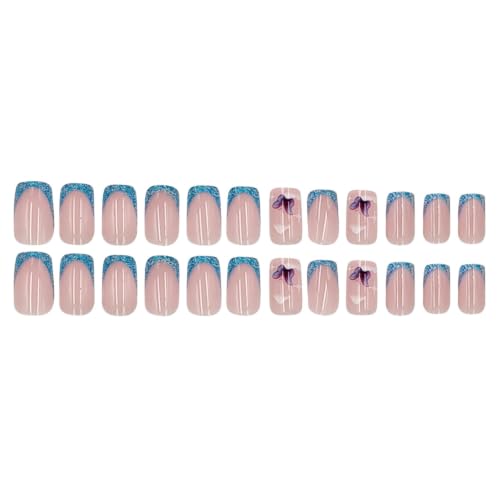 Image of Blue French Tip Press on Nails Glitter Fake Nails Medium Square False Nail