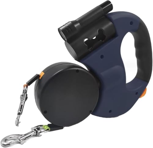 Marysea犬 リード 伸縮兼用 二頭引きリード 長さ自動巻き ロック式 ライト付き 自動伸縮式 噛み切れ防止 回転 持ちやすい 二匹用対応 多頭飼い 全種類犬使用 お散歩用品 しつけ用品 大/中/小型犬対応 調整可能 (ネービー)