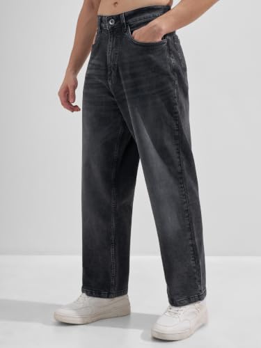 Image of Highlander Men Men's Premium Loose Straight Fit Mid-Rise Cotton Lycra Jeans - Button Closure, Machine Washable, Comfortable All-Day Wear for Casual & Semi-Formal Occasions