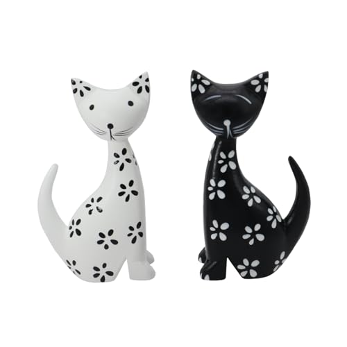 Gemseek 2pcs Cute Wooden Cat Statues Home Decor, Modern Black and White Cat…