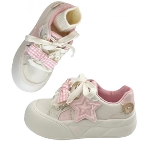 Kawaii Cute Starry Y2K Aesthetic Platform Sneakers for Girls - Thick Sole with Butterfly Bowknots and Star Details, Y2K Retro Pretty Pastel Design in Blue & Pink, Perfect for Student Travel