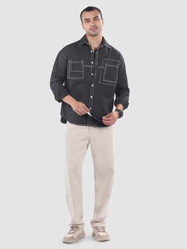 Image of Beyoung Cotton Contrast Stitch Relaxed Fit Shirt for Men | Dual Pockets | Full Sleeves | Casual Shirt