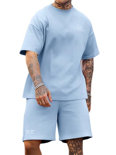 Opomelo Mens Summer Outfits 2 Piece Short Sleeve Tracksuit Oversized T Shirt & Vacation Shorts Set Casual Two Piece Set, Light Blue, Large