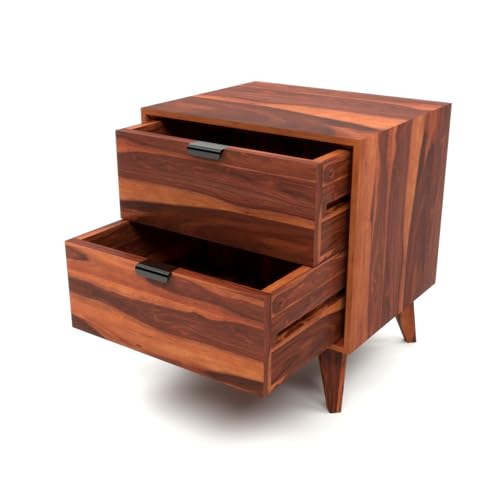 Image of Sheesham Wooden Bedside End Table for Living Room and Home | Solid Wood Bed Side NightStand Table for Bedroom | Wooden Bedside Table with 2 Drawer Storage in Honey Finish