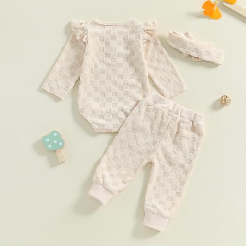 Kuriozud Baby Girl Fall Winter Clothes Ruffle Long Seeve Romper Top and Bow Pants Set with Headband Newborn Girl Outfit3