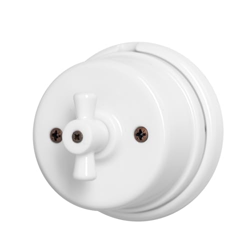 Invertitore Rotativo in Porcellana Bianca con Comando Asola Bianco diametro 80mm, Facile Installazione – Design Vintage per Impianti Elettrici a Vista – Materiale Resistente e Sicuro