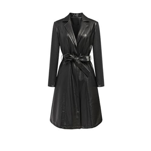 CXMNJ Women's Black Leather Trench Coat with Belt - X-Large