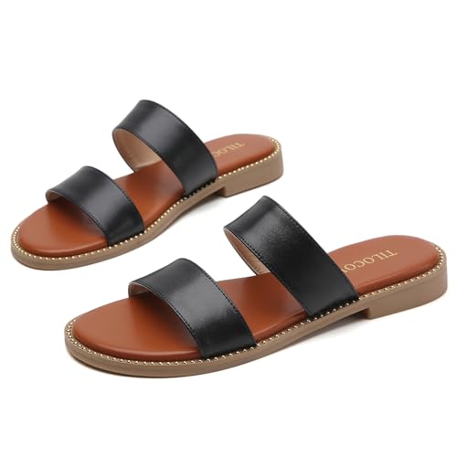 Image of Tilocow Women's Flat Sandals Two Strap Summer Dressy Studded Slide Sandals Open Toe Cute Casual Slip on Comfort Shoes for Beach Travel Daily Wear