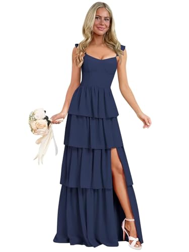 Tiered Ruffles Bridesmaid Dresses with Slit A Line Chiffon Prom Dress for Women Spaghetti Straps Formal Evening Gown