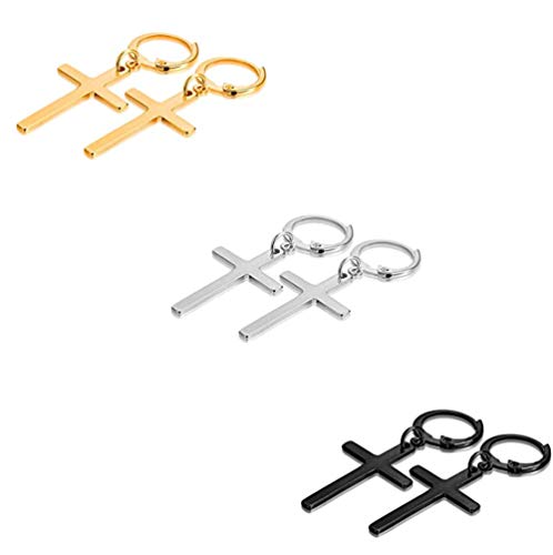 3 Pairs Cross Earrings for Men Women - Stainless Steel Hoop Dangle Drop Cross Earrings Silver Gold Black3