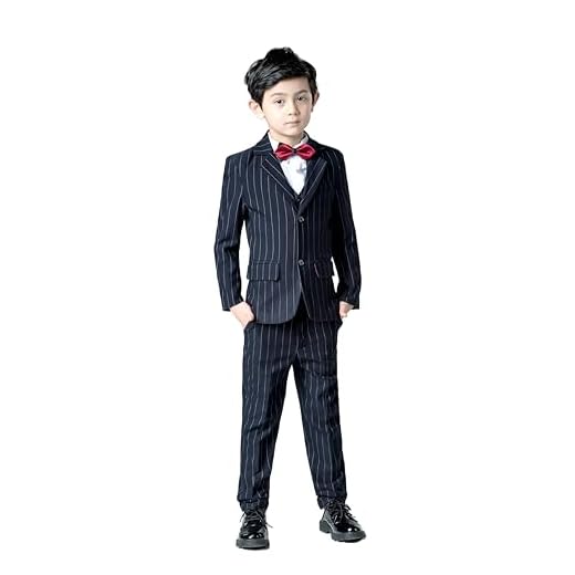 Conjunto de terno formal slim fit 5 peças para crianças, meninos, smoking, xadrez, roupa infantil para festa de casamento, Listras pretas e brancas, 3