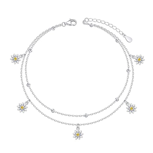 Image of Ladytree S925 Sterling Silver Boho Beach Double Layer Anklets Bracelet for Women Adjustable 9 to 11 inches